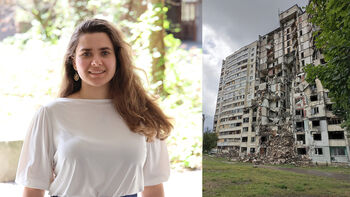 Olesia til høyre og bilde av ruin fra boligområde øst i Kharkiv hvor familen hennes bodde.